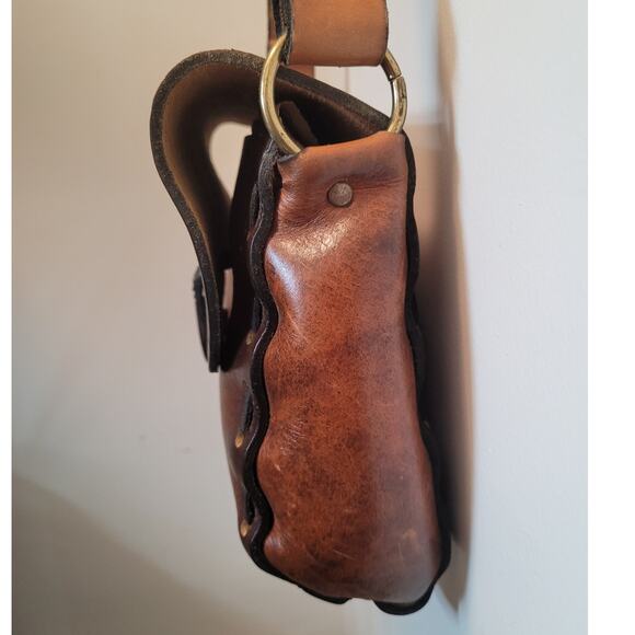 Seventies Tooled Leather Brown Shoulder Bag Boho Folk Charm Wanderer Retro Style - Picture 7 of 16